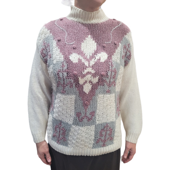 Vintage Country Concepts Pastel Floral Fleur-de-lis Sweater Sz Medium Ramie - Picture 1 of 10